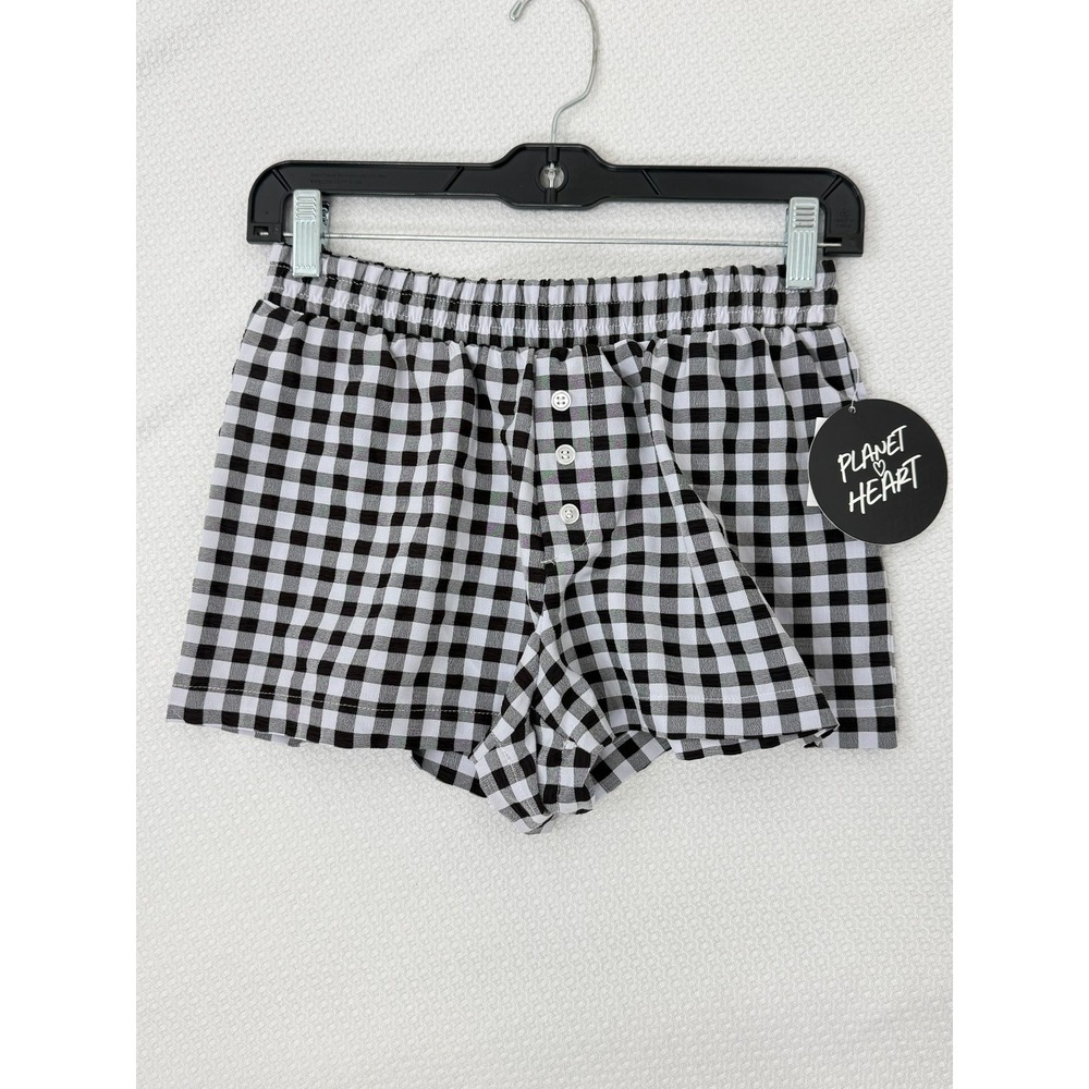 Planet Heart Black White Gingham Boxer Shorts Plaid Pull On NWT Juniors Large
